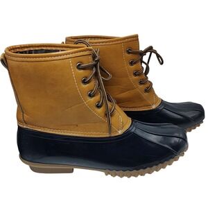 Charles Albert Vegan Leather Boots Duckie Waterproof Tan Navy Womens Size Nine M